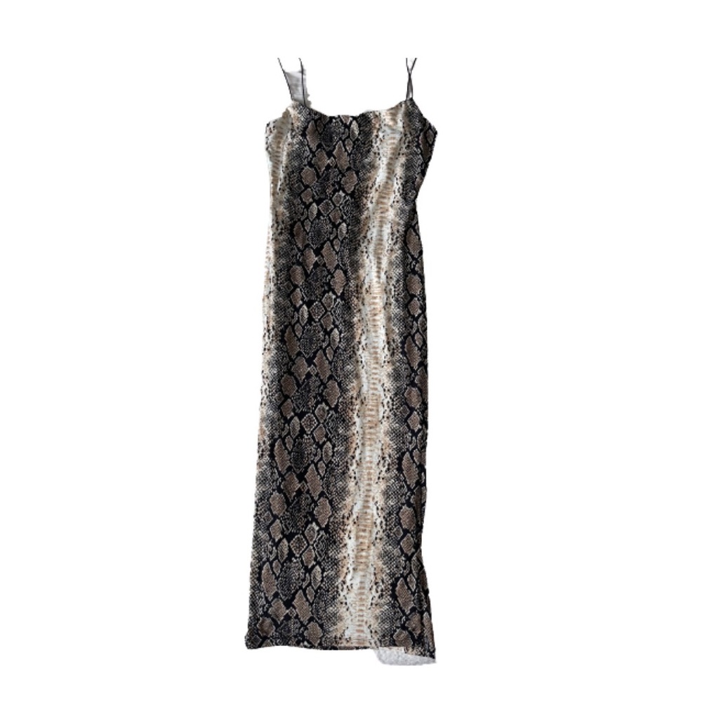AKIRA snake print midi bodycon dress with spaghetti straps.